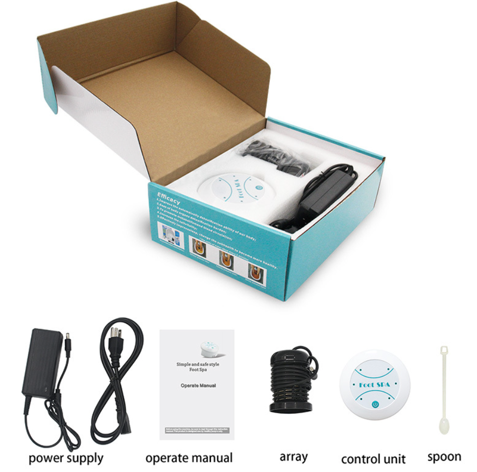 Portable foot spa kit with control unit, power supply, hose, and accessory parts