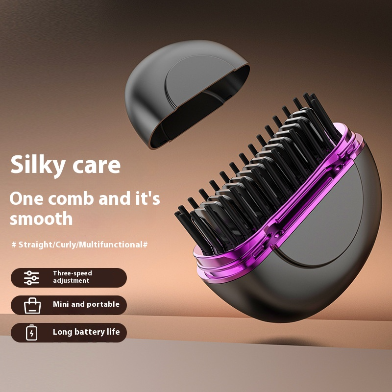 Portable ceramic hair straightener with black comb teeth and purple body, one side view