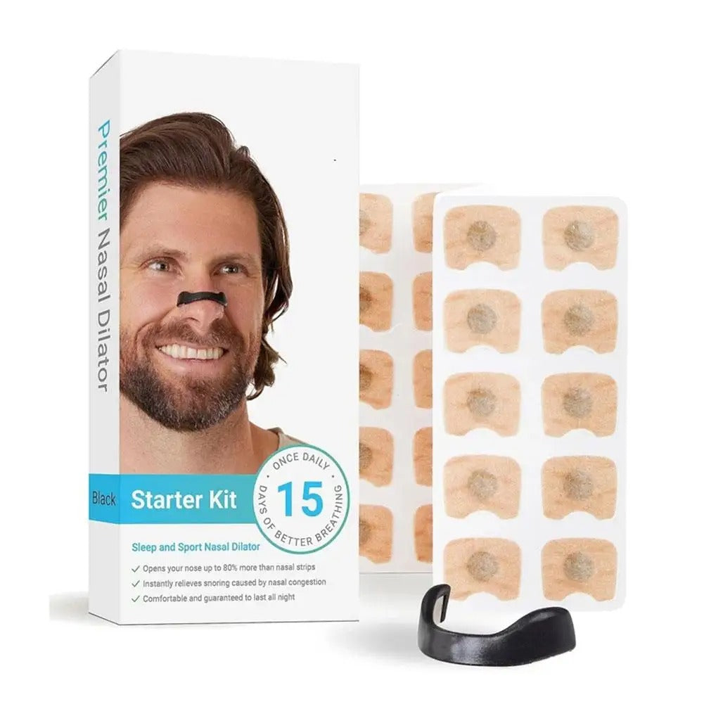 Magnetic nasal dilator starter kit box with patch sheet and black support piece