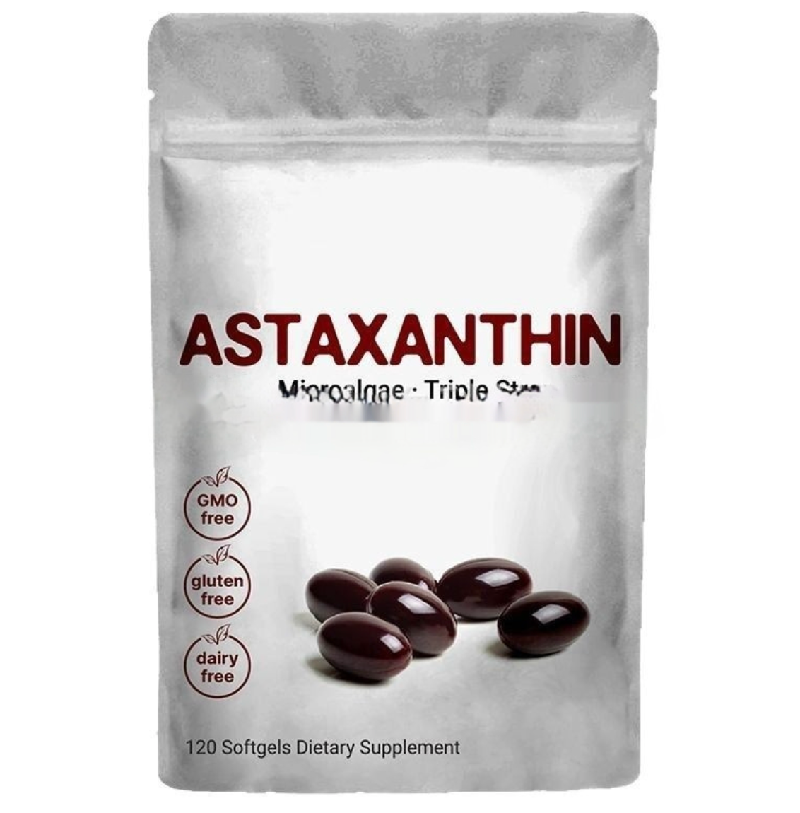 Astaxanthin soft capsules pouch showing ASTAXANTHIN branding and dark softgels