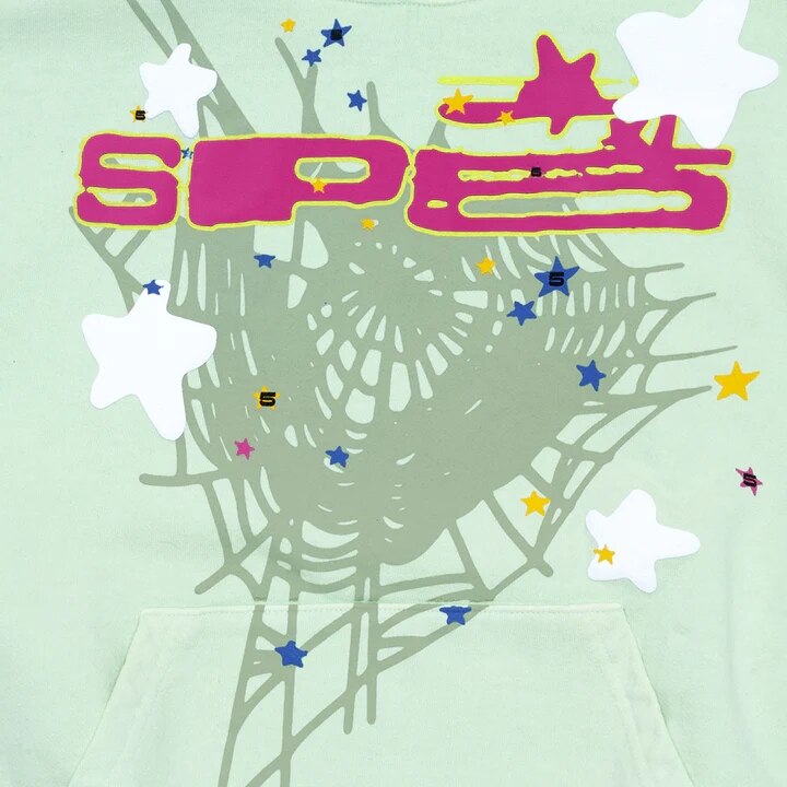 Mint spider letter print hoodie close-up with spiderweb and multicolor lettering