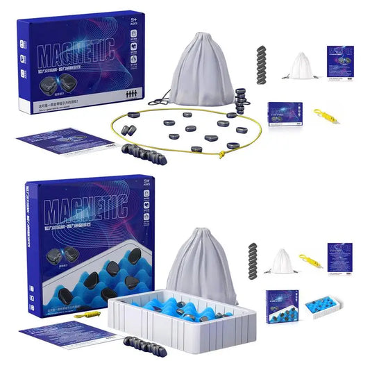 Magnetic travel chess set with blue pieces, purple mat, and gray carrying bag