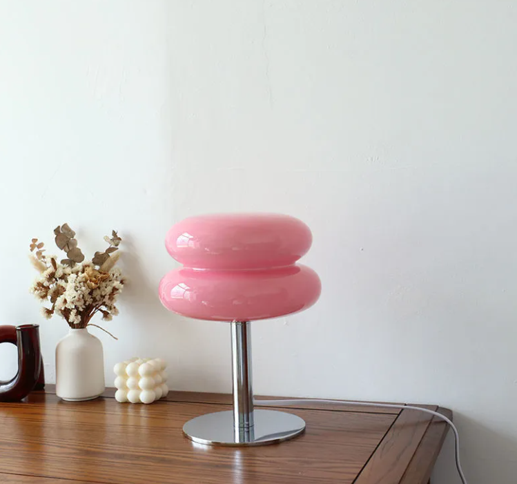 Glass shade desk lamp with iron base, pink double bulbs