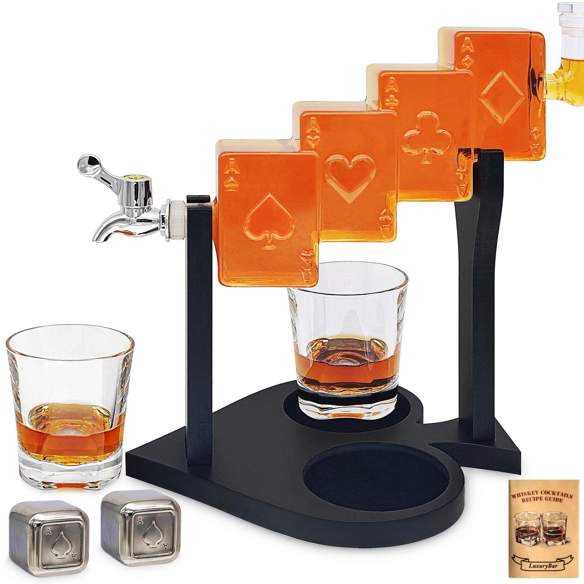 Whiskey decanter set with black stand, two tumblers, orange poker-card tray, and chilling stones