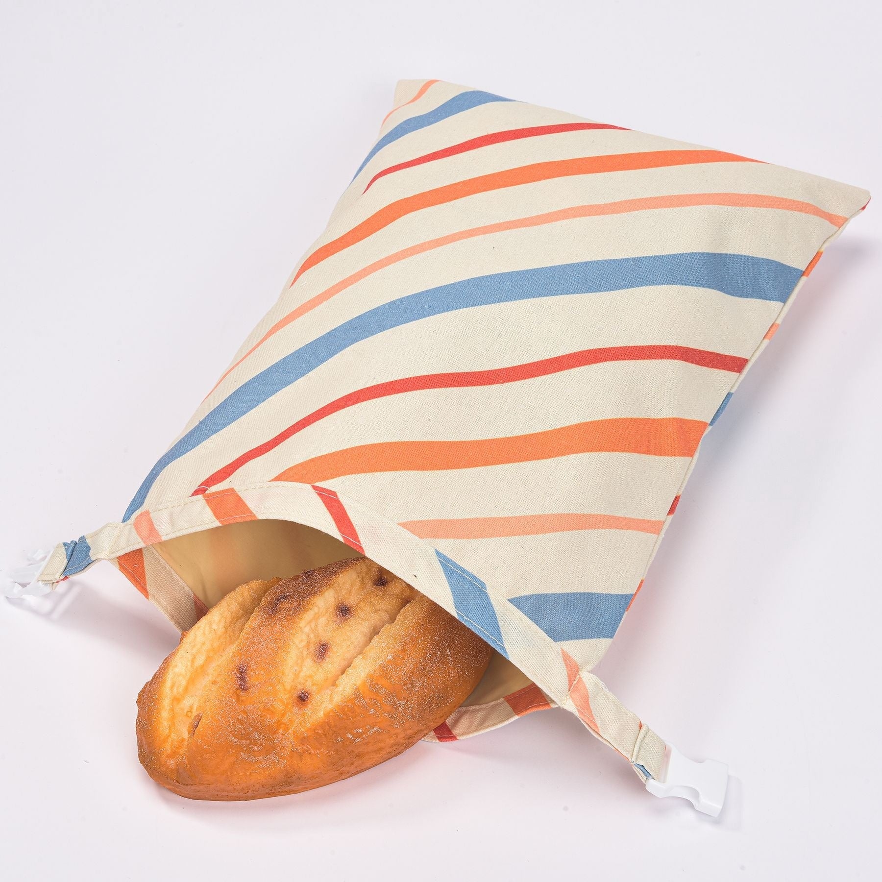 Cotton linen bread bag with multicolor horizontal stripes and drawstring ties.
