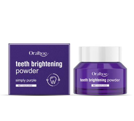Purple teeth whitening powder jar with matching box, Oralhoe.