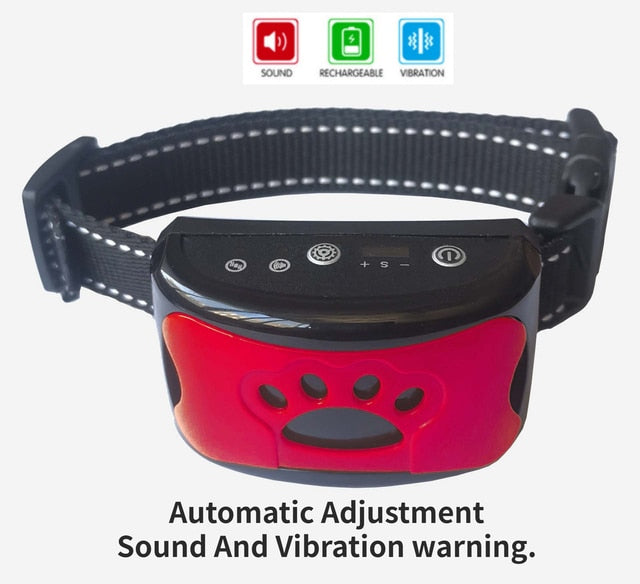 Black and red ultrasonic anti-bark dog training collar with vibration and sound buttons