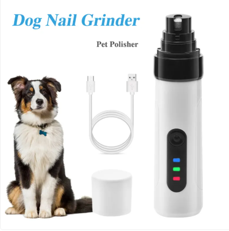 Pet nail grinder, white handheld electric trimmer with USB cable and base stand