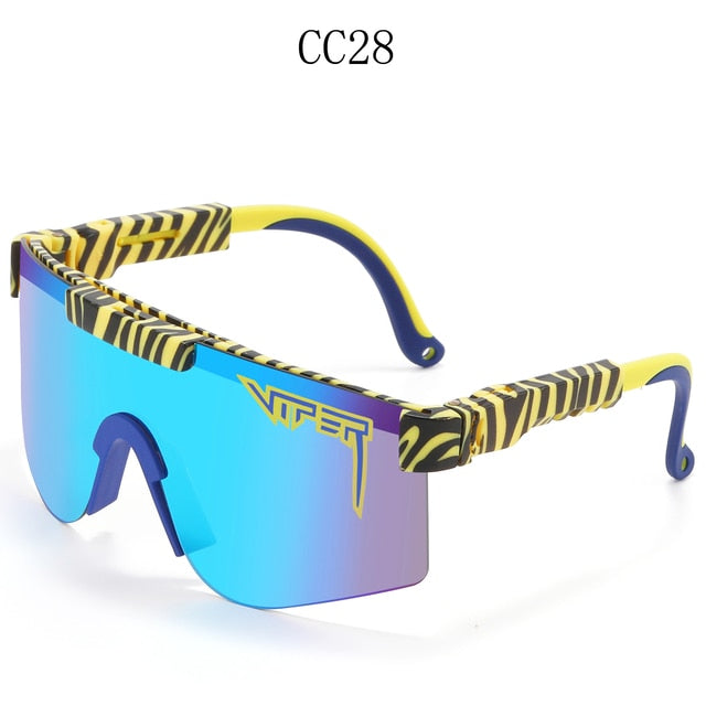 Women's sport sunglasses with blue mirrored lenses and zebra-print arms with yellow frame