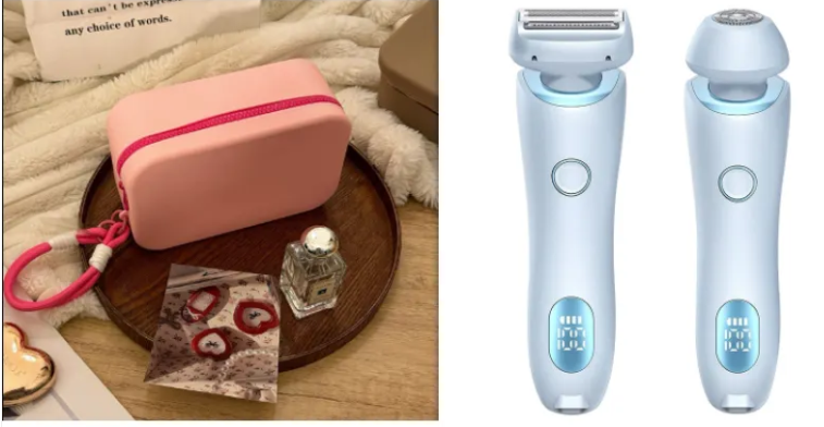 Electric duo body shaver set in light blue, with two shavers and a pink zip case