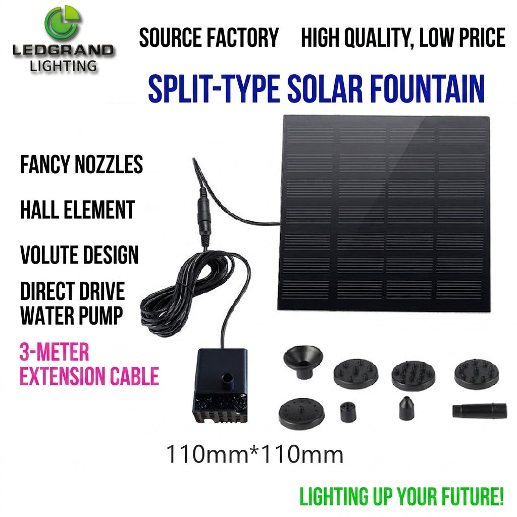 Split-type solar fountain pump kit with solar panel, extension cable, and nozzles