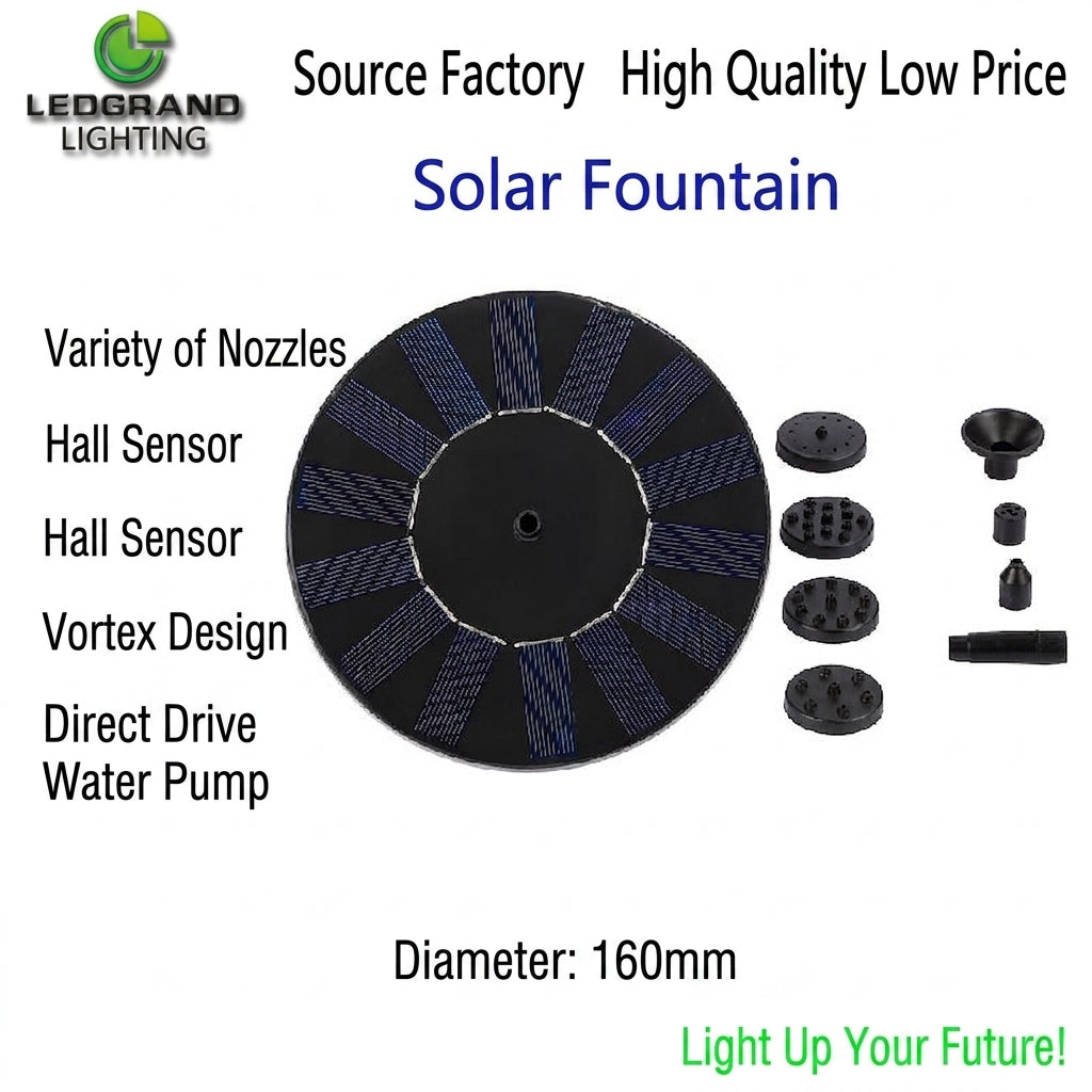 Solar fountain nozzle disc with multiple nozzle caps and mounting pieces