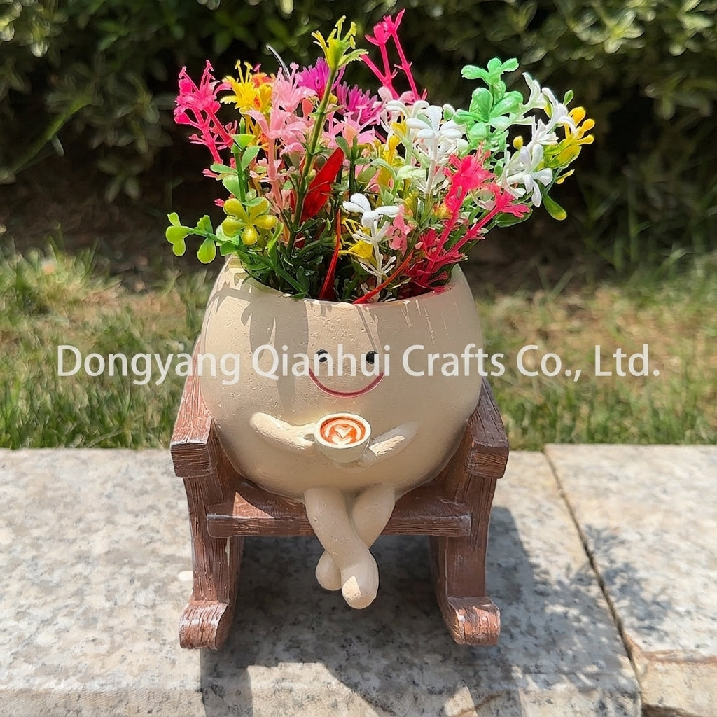 Smiley rocking chair flower pot planter with colorful artificial flowers, full front