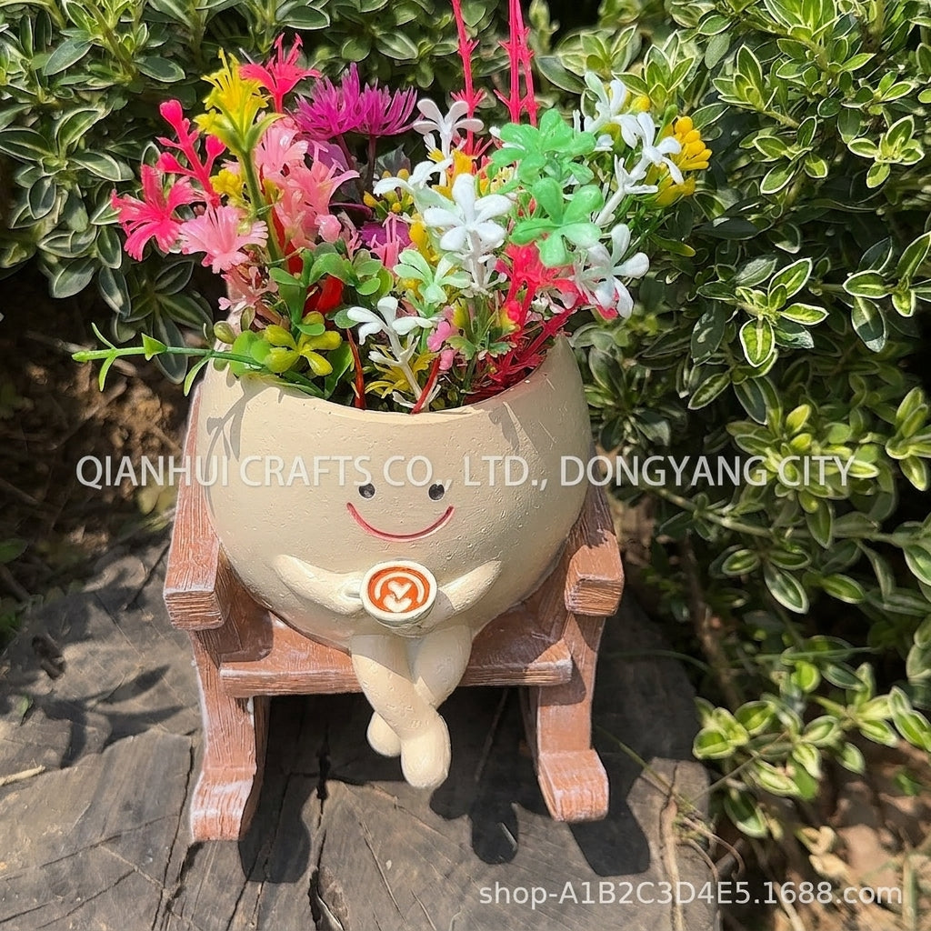 Smiley rocking chair flower pot planter with multicolor artificial succulent plants
