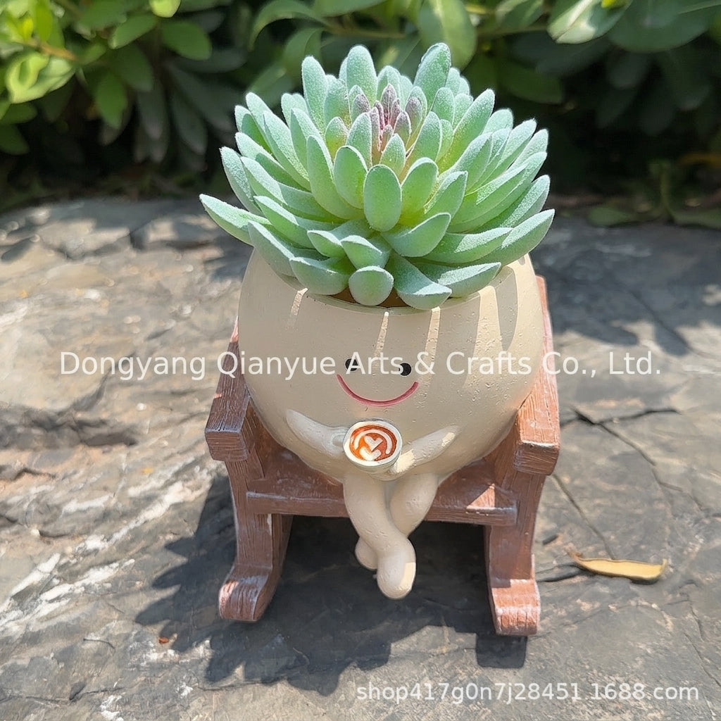Rocking chair flower pot planter with mint-green faux succulent, front view