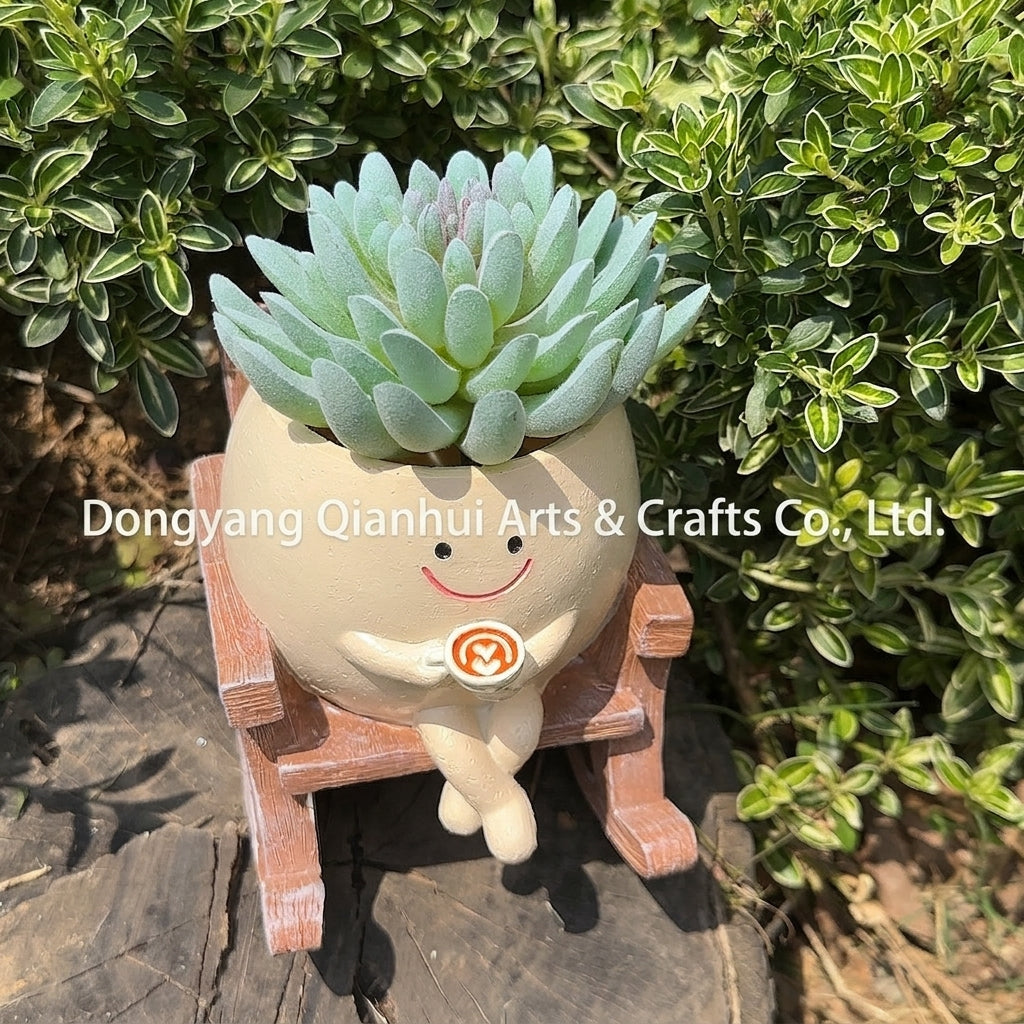 Rocking chair flower pot planter with pale green faux succulent, close front