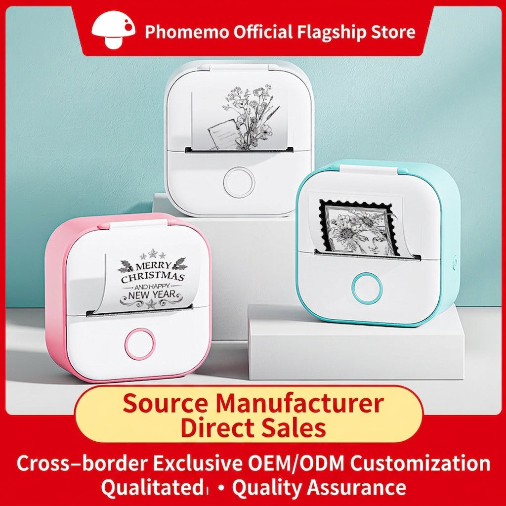 Mini thermal printers set with white, pink, and teal bodies and front buttons