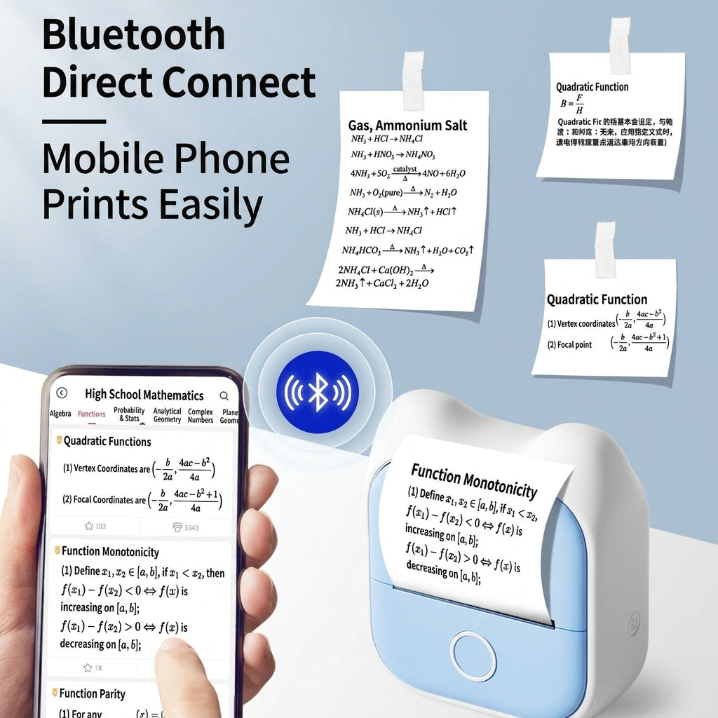 Compact mini thermal printer with light blue body and front control button