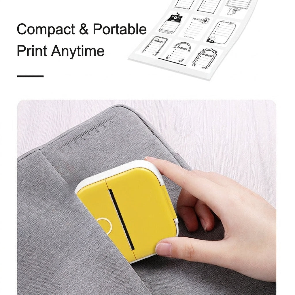 Handheld mini thermal printer with yellow front panel and gray compact body