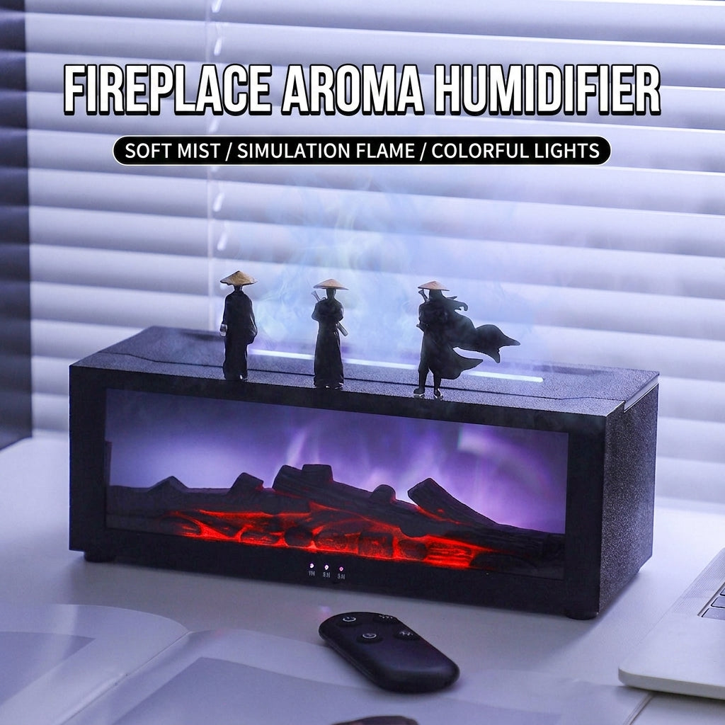 Dark textured fireplace-style humidifier with purple light, faux embers, and remote