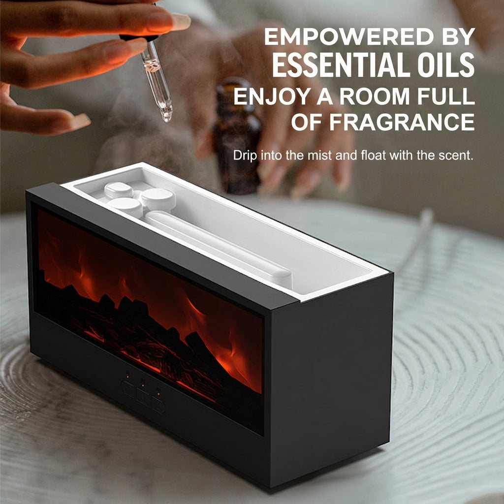 Black fireplace-style humidifier with glowing faux embers and mist aroma tray