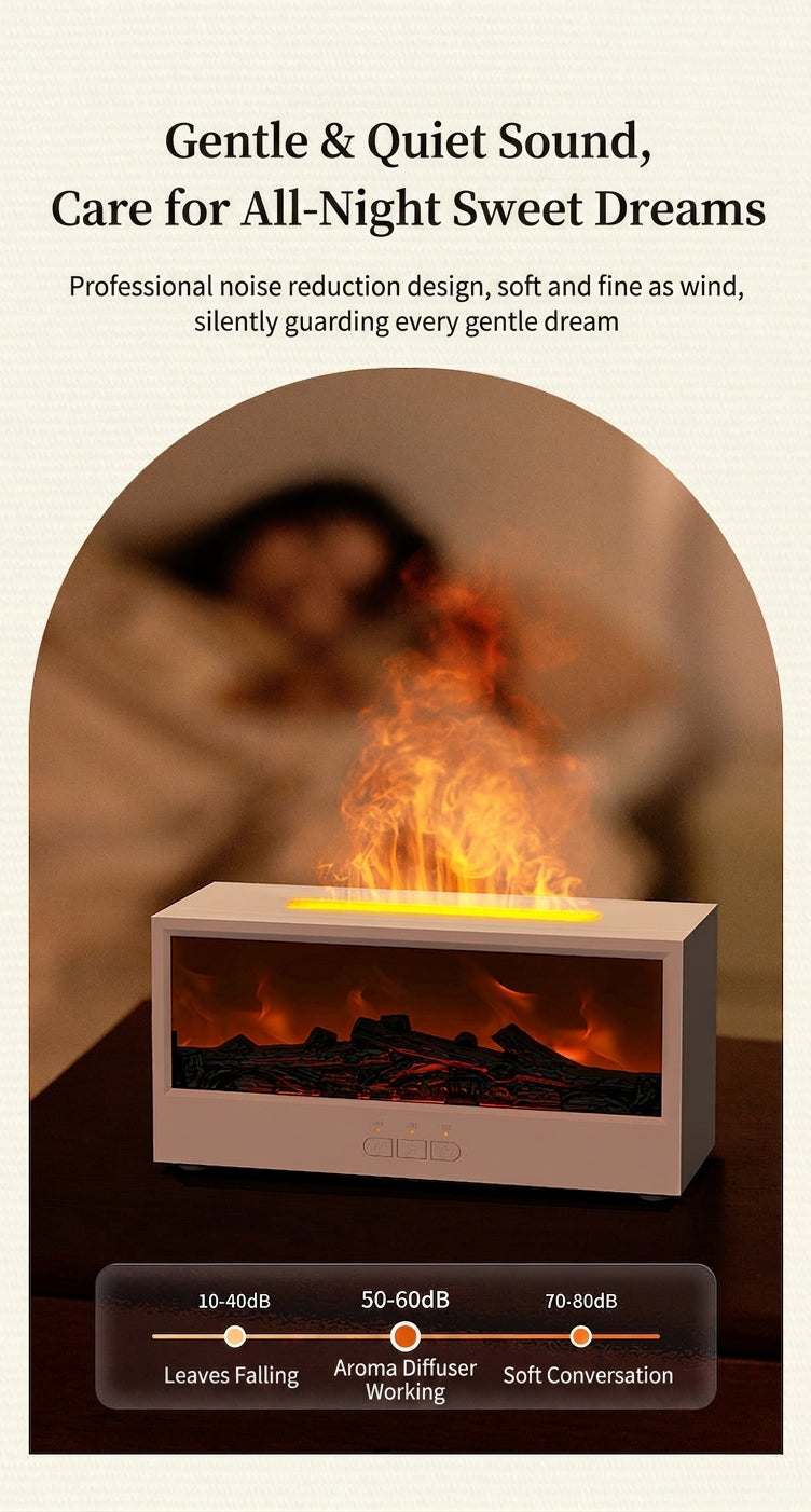White fireplace-style humidifier with glowing orange flame effect and ember bed