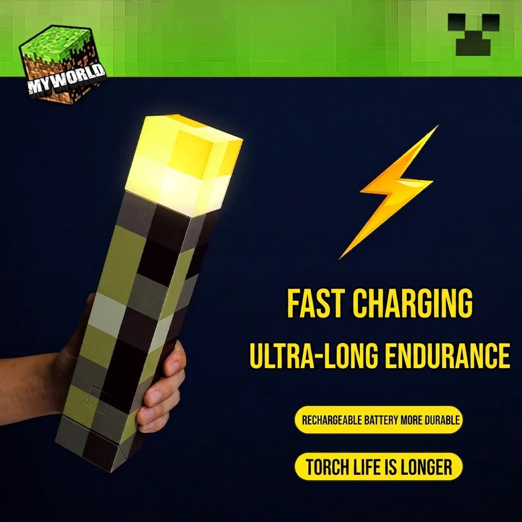 LED Minecraft torch night light, green cube top held in hand