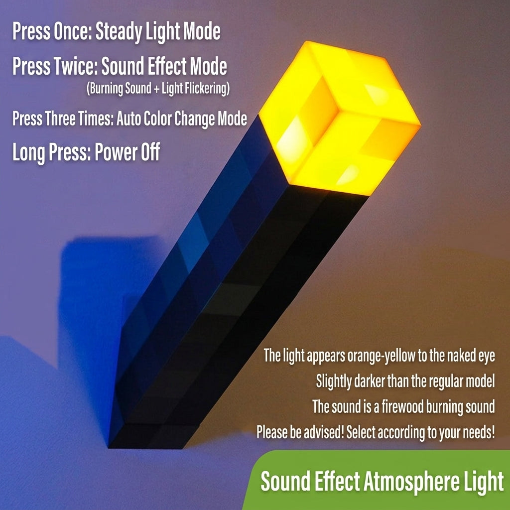 Yellow glowing Minecraft LED torch night light with dark brown checkered handle