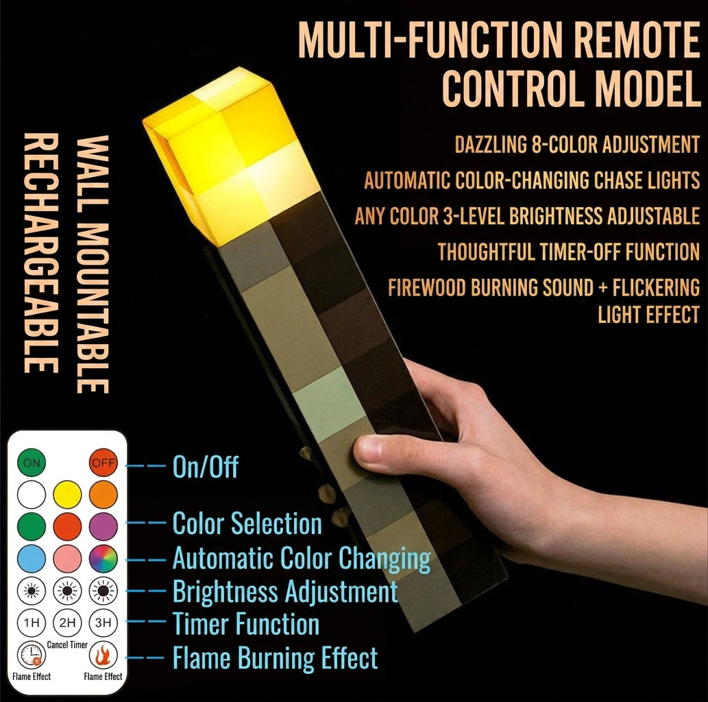 Minecraft LED torch night light with remote control, glowing yellow cube head