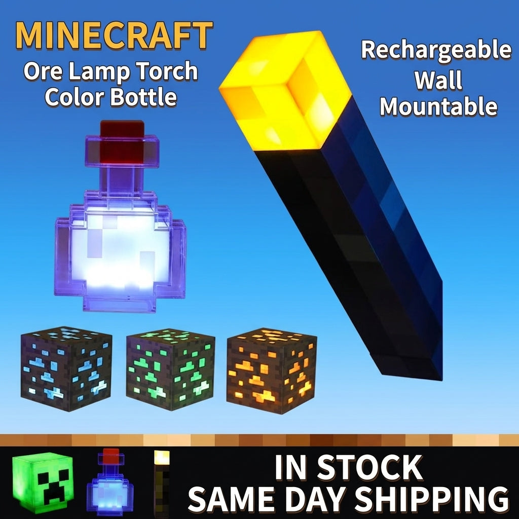 Minecraft LED color-changing torch night light with block lamp head and wall mount