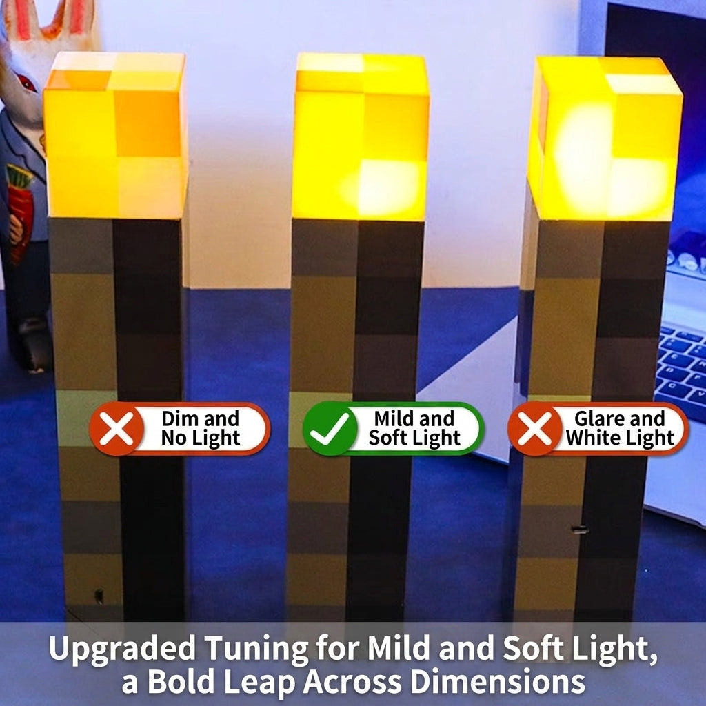 Color-changing Minecraft torch night lights with yellow glow and brown checkered body