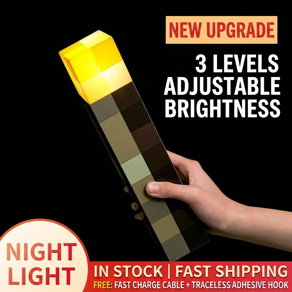 Hand holding Minecraft LED torch night light with yellow glow and adjustable brightness