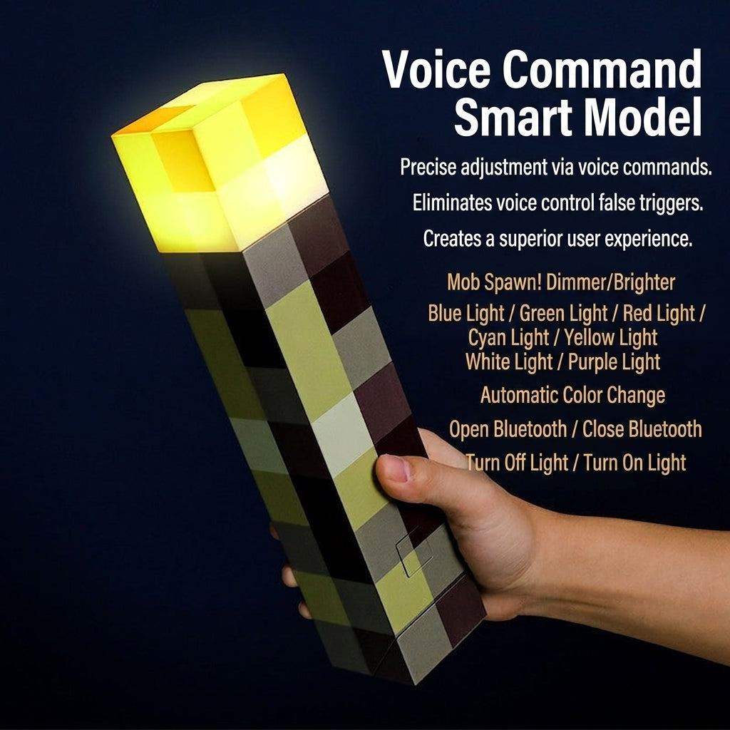 Hand holding Minecraft LED torch night light with yellow-lit top and checkered body