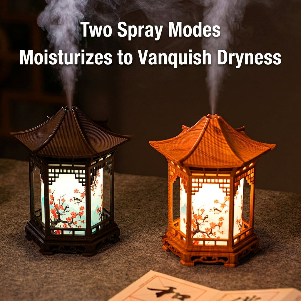 Humidifier night light lanterns with visible mist, light and dark wood finishes