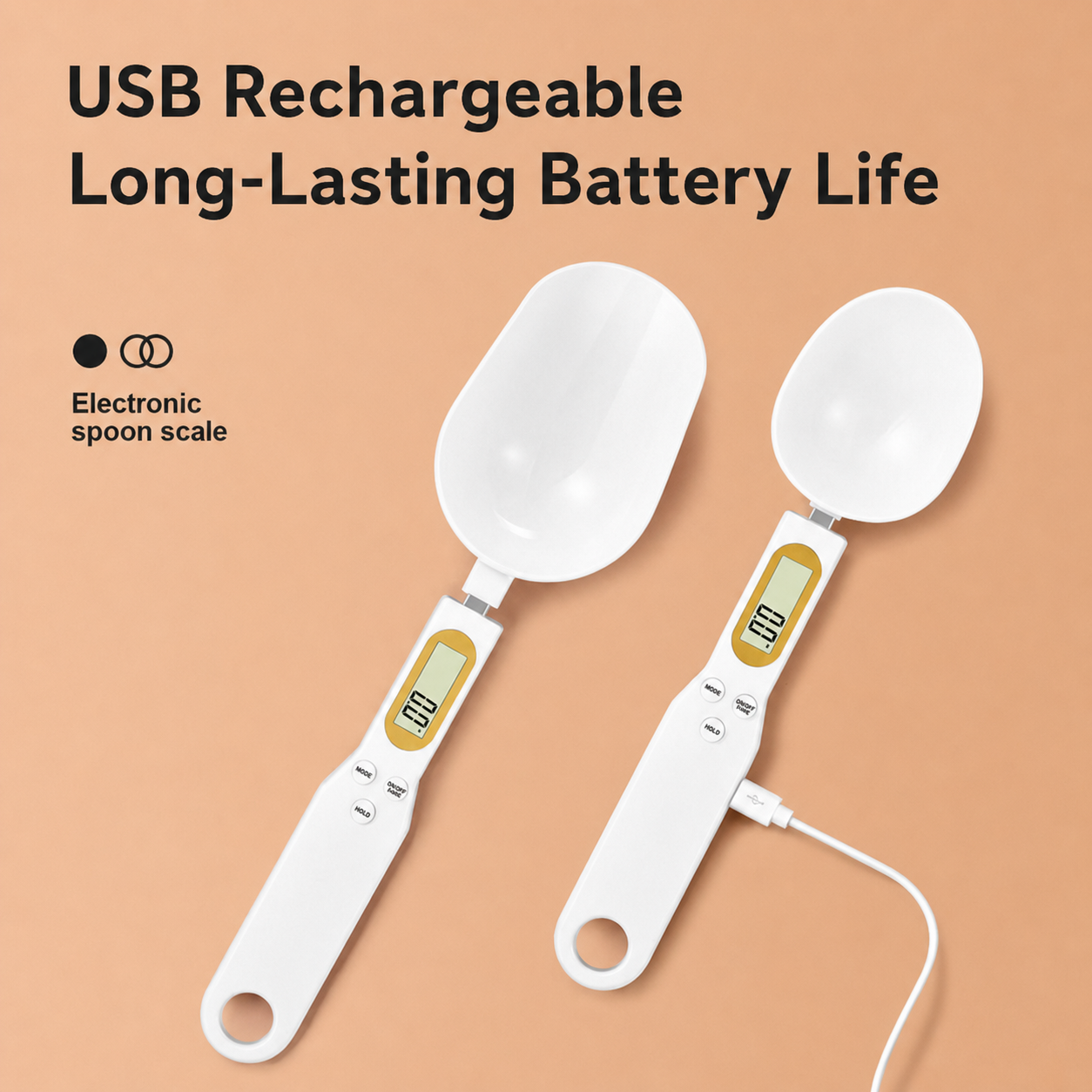 Pair of white USB rechargeable electronic measuring spoon scales with LCD screens