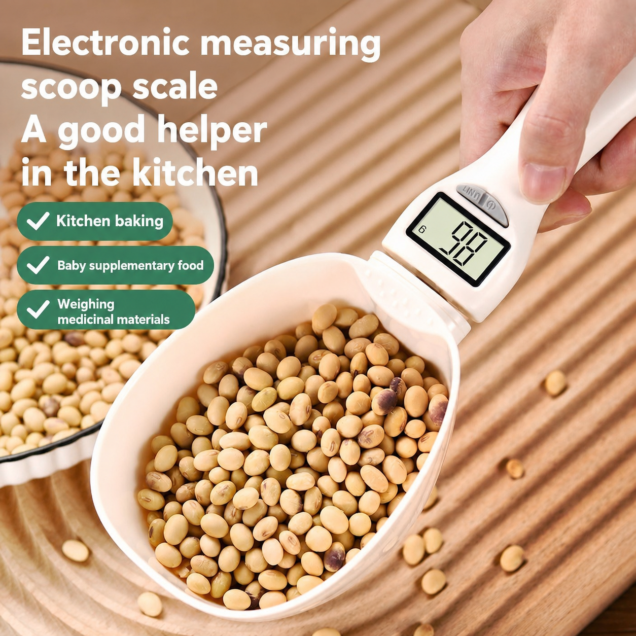 White electronic measuring spoon scale with LCD screen holding a spoonful of beans