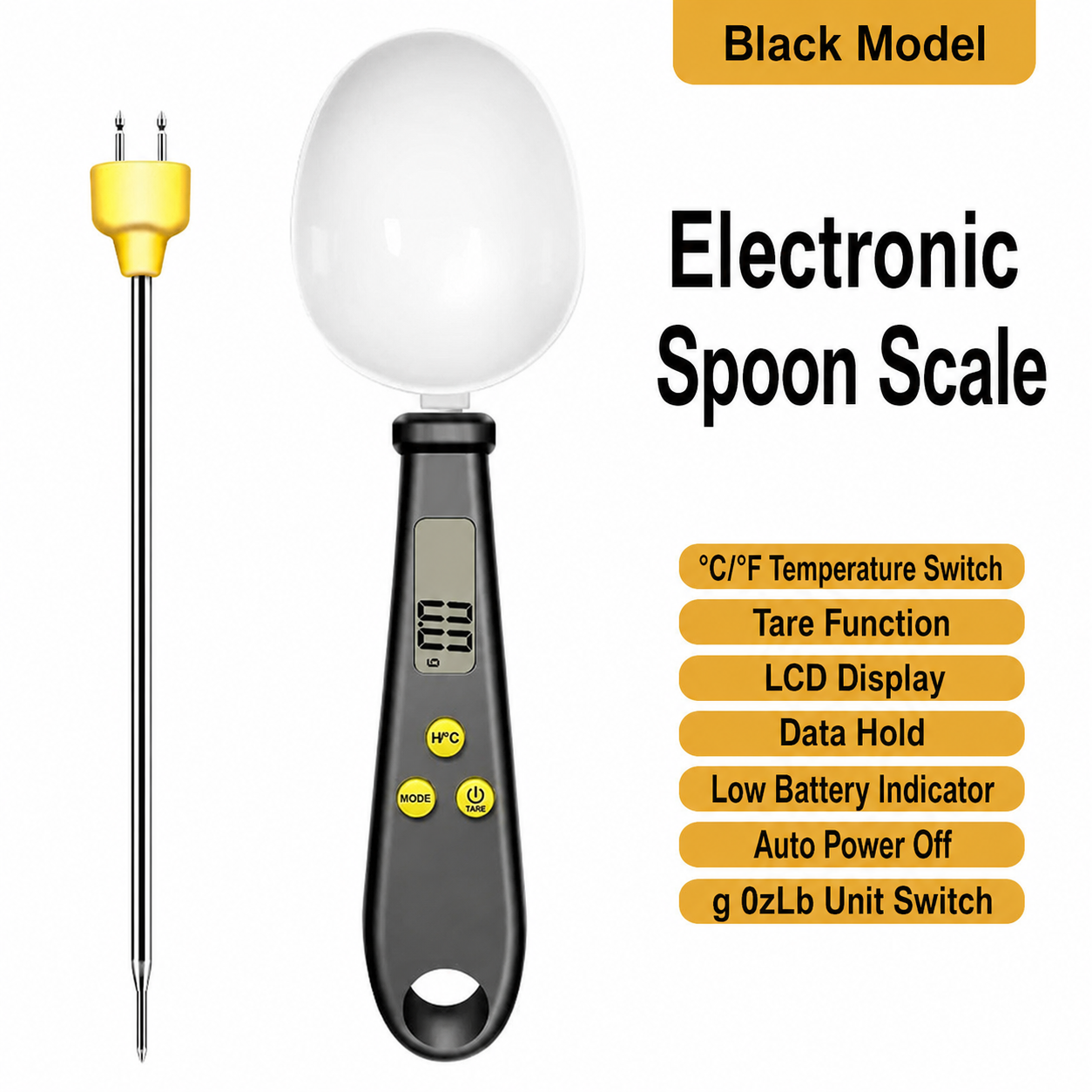 Black electronic measuring spoon scale with LCD screen, buttons, and weighing bowl