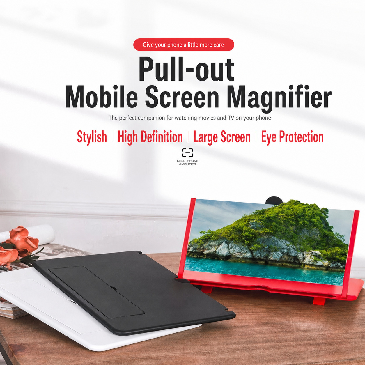 Black and red pull-out mobile screen magnifier stand with raised lens
