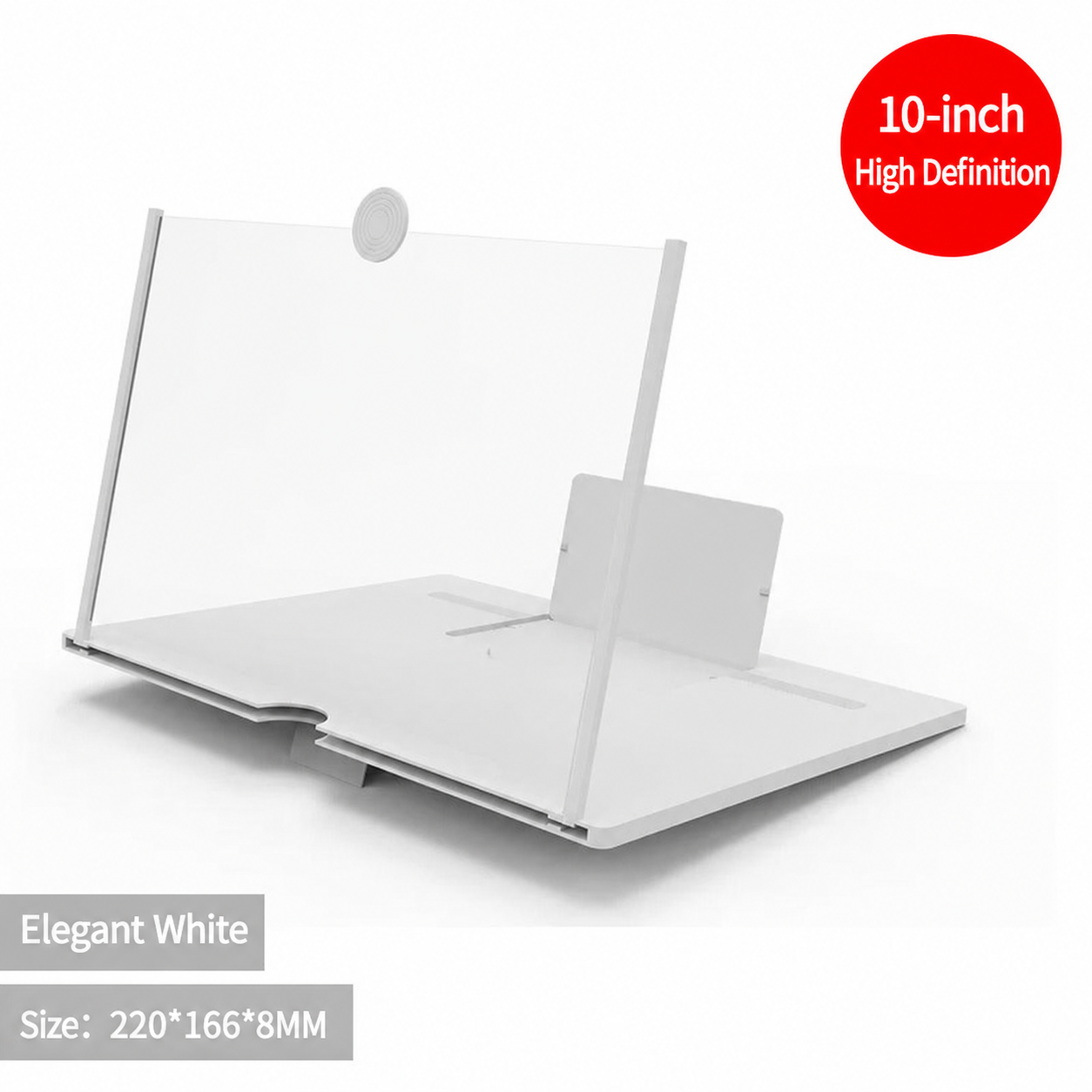 Elegant white 10-inch desktop phone magnifier stand with clear frame and lens