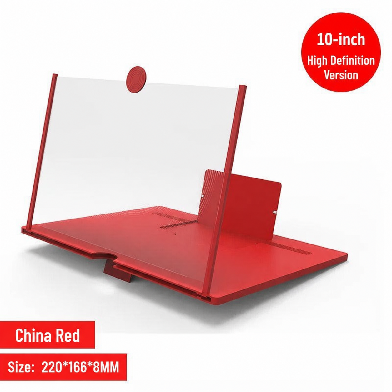 Red 10-inch phone screen magnifier stand with upright frame and base