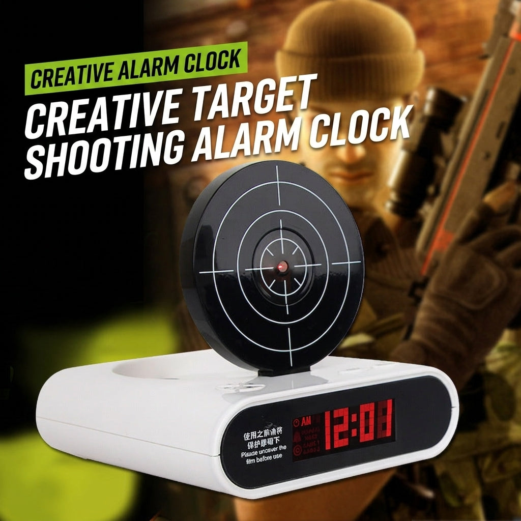 White digital alarm clock with black target dial and red time display, toy shooter