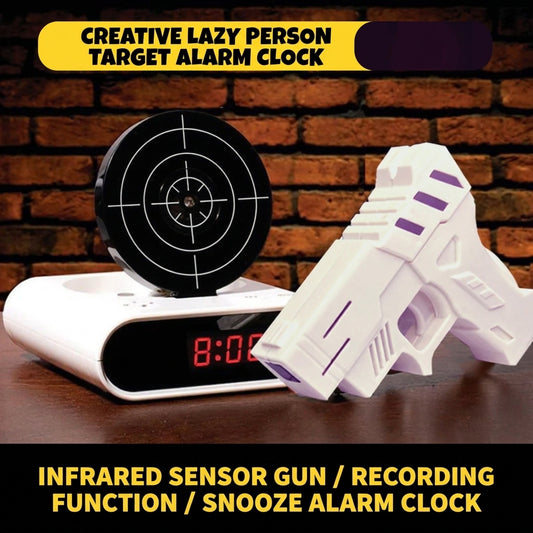 White digital alarm clock with red 8:00 display, black target dial, white toy gun
