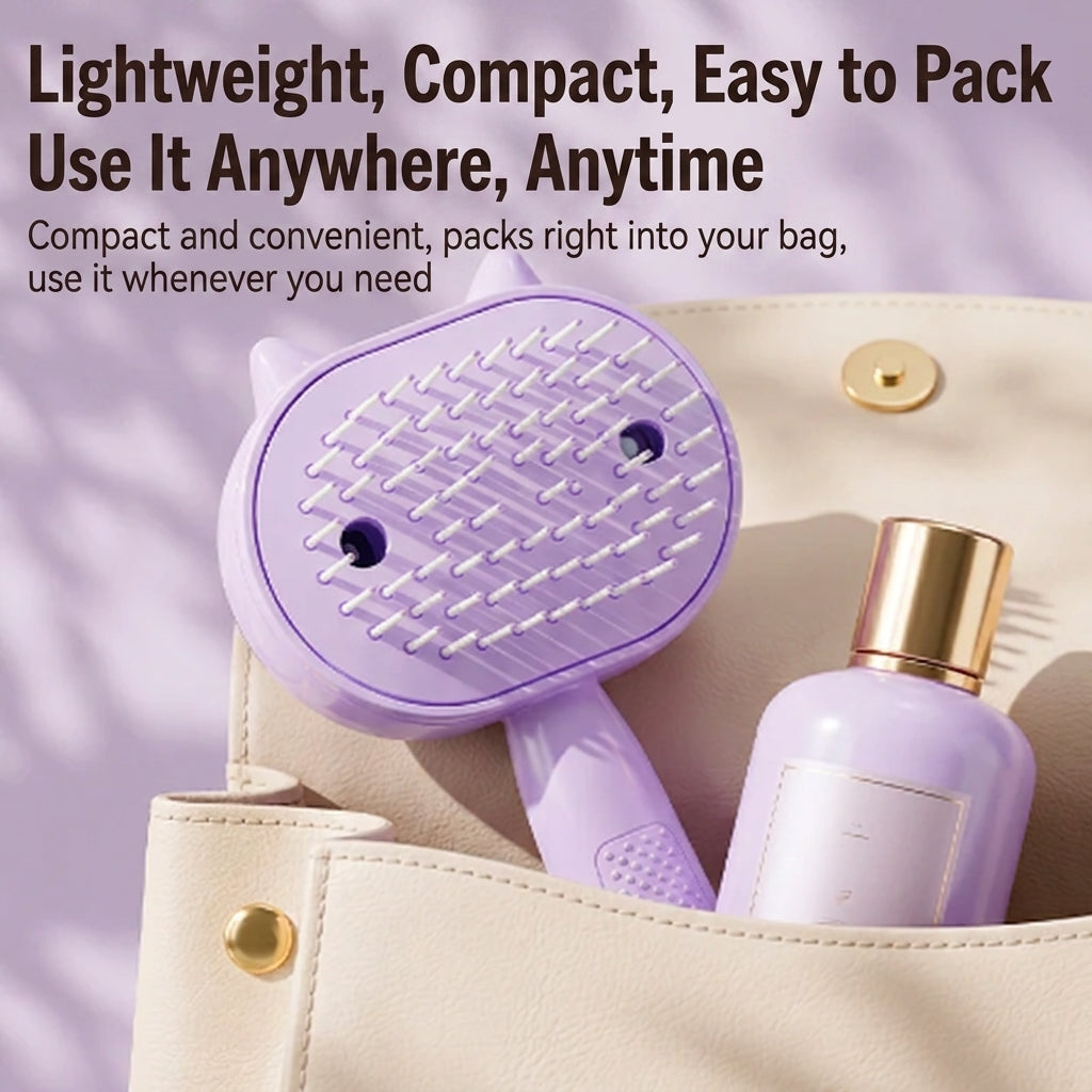 Lavender compact spray hair comb with circular brush head in travel pouch