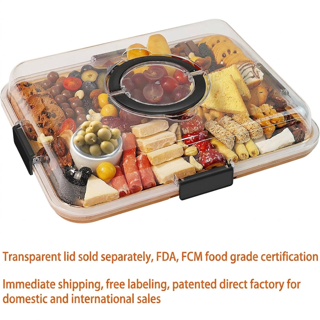 Bamboo cheese and charcuterie board with clear lid and black base, multi-grid tray