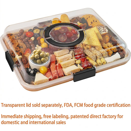 Bamboo cheese and charcuterie board with clear lid and black base, multi-grid tray