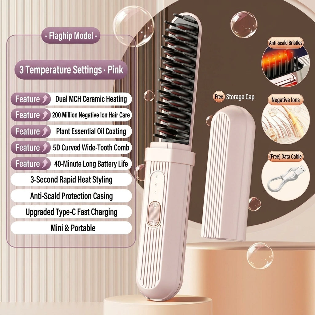 Electric spray hair comb with airbag massage bristles, pink handheld device