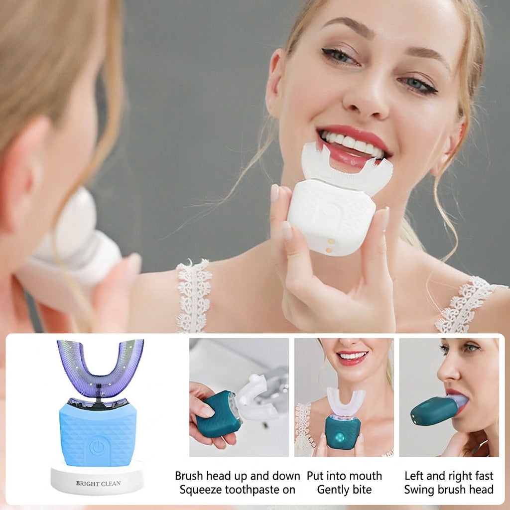 Rechargeable U-shaped electric toothbrush with soft silicone bristles, white body