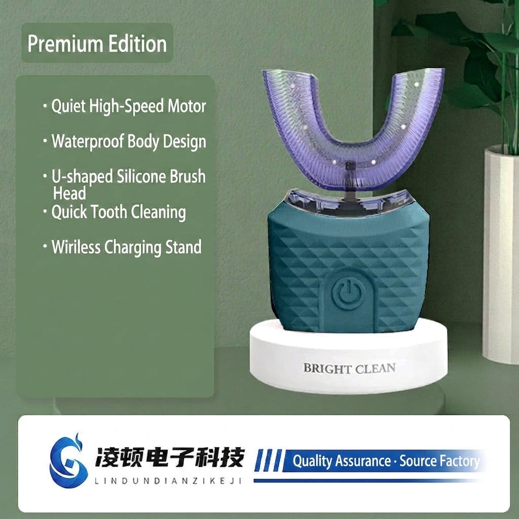 U-shaped electric toothbrush on charging base, purple silicone bristles, dark teal body