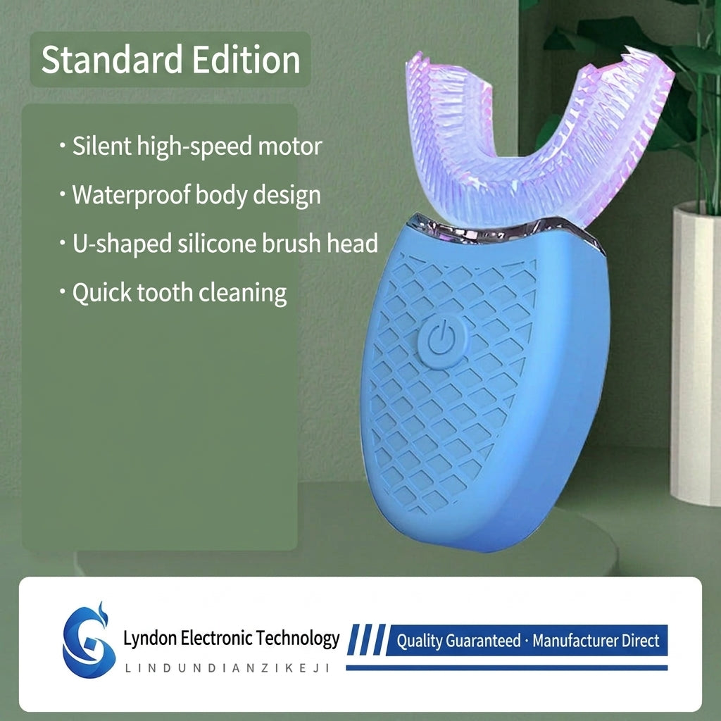 Rechargeable U-shaped electric toothbrush with blue body, lavender U-shaped silicone bristles.