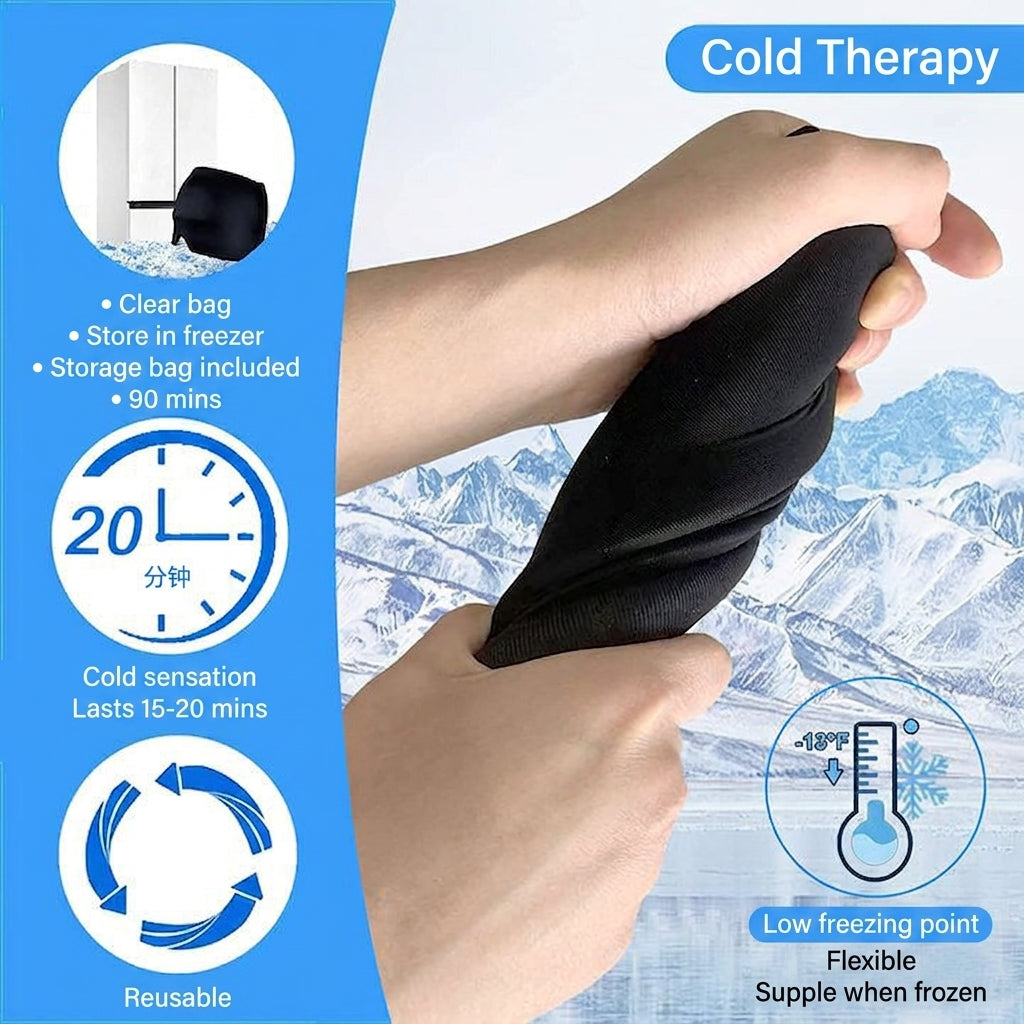 Black gel ice and hot compress head hood held on forearm, cold therapy use